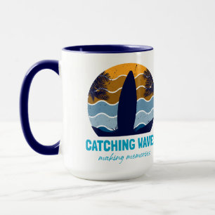 Catching Waves Surfboard Retro Sunset Beach Mug
