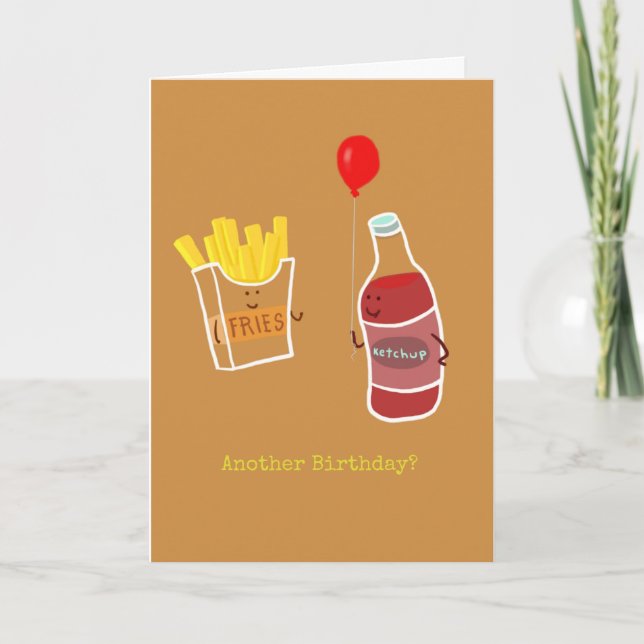 Catchup offering a ballon to some french fries.  card (Front)