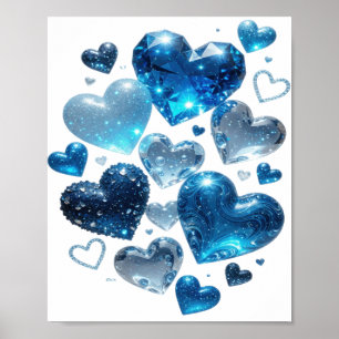 Catchy Silver BLUE HEARTS 3D Text Art Poster