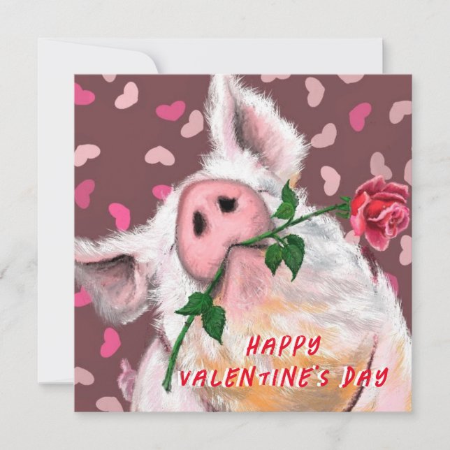 Catchy Valentine's Day Card Funny Pig with Rose (Front)