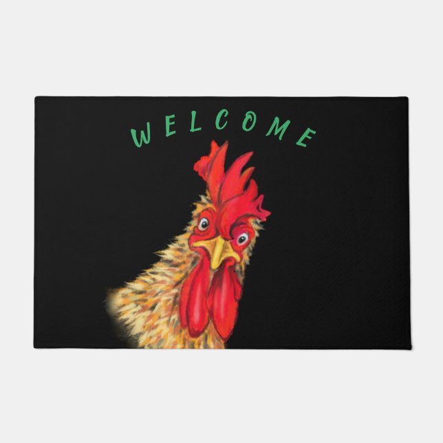 Catchy Welcome Doormat with Funny Rooster (Front)