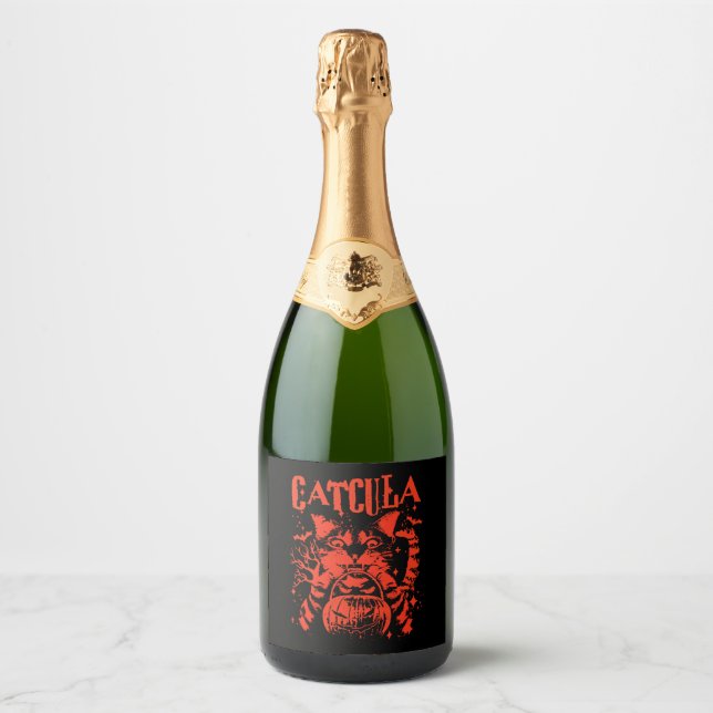 CATCULA Funny CAT Vampire Dracula Halloween Sparkling Wine Label (Front)