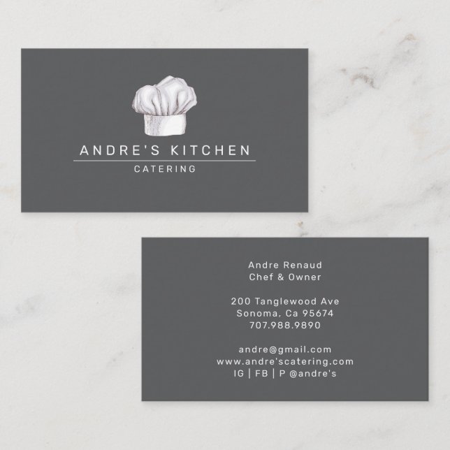Catering Culinary Watercolor Chef's Hat Grey Business Card (Front/Back)