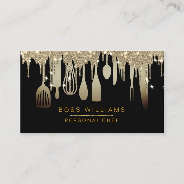 Catering Personal Chef Gold Drips Kitchen Utensils Business Card (Front)