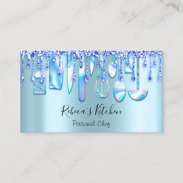 Catering Personal Chef Kitchen Aqua Blue Drip  Business Card (Front)