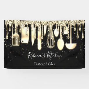 Catering Personal Chef Kitchen Gold Utensils Black Banner