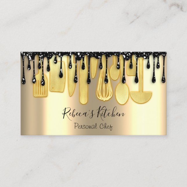 Catering Personal Chef Restaurant Gold Black Drips Business Card (Front)