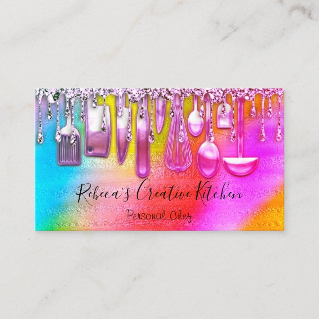 Catering Personal Chef Restaurant Pink Utensils Business Card (Front)