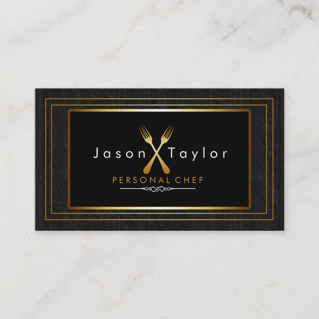 Catering Retro Black Wood Chef Gold Fork Crossed Business Card (Front)