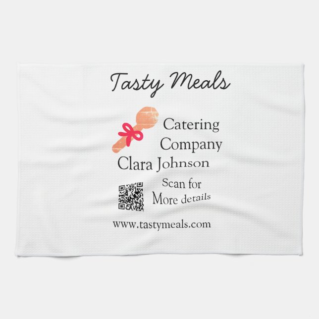 Catering services add name QR code website bakery  Tea Towel (Horizontal)