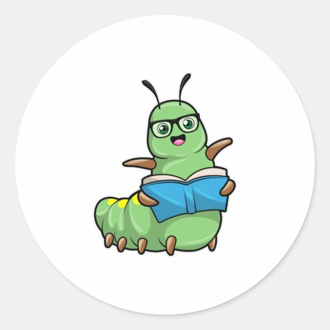Caterpillar as Nerd with Book & Glasses Classic Round Sticker (Front)