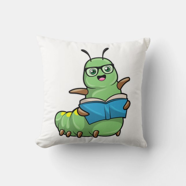 Caterpillar as Nerd with Book & Glasses Cushion (Front)