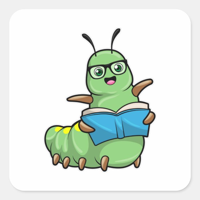 Caterpillar as Nerd with Book & Glasses Square Sticker (Front)