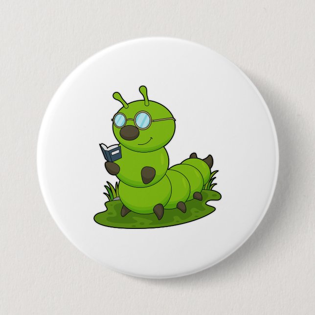 Caterpillar as Nerd with Glasses & Book 7.5 Cm Round Badge (Front)