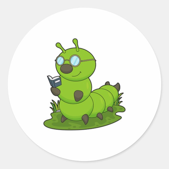Caterpillar as Nerd with Glasses & Book Classic Round Sticker (Front)