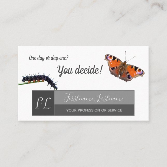 Caterpillar butterfly change motivational monogram business card (Front)