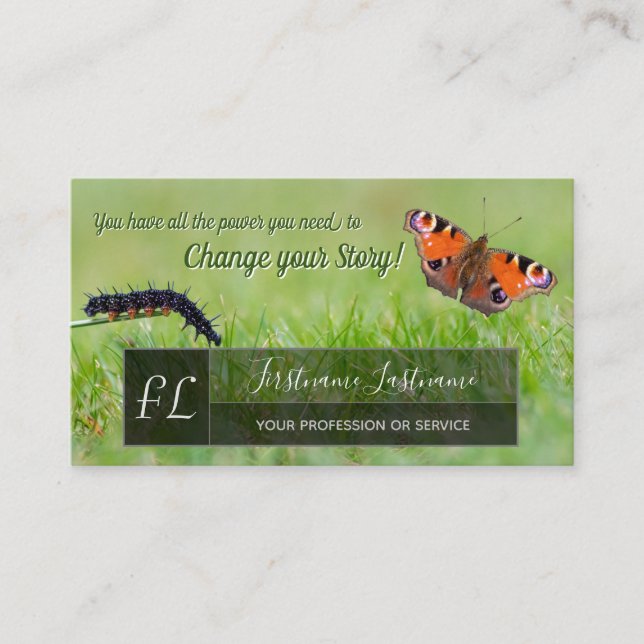 Caterpillar butterfly change motivational monogram business card (Front)