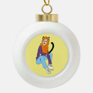 catgirl ceramic ball christmas ornament