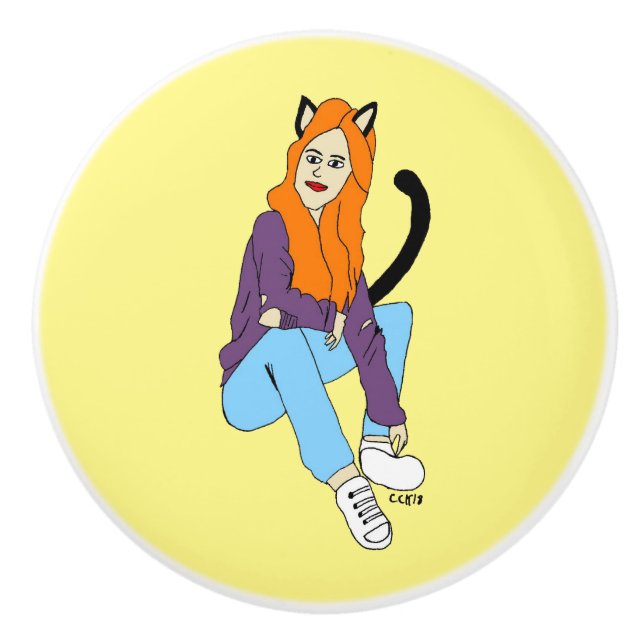 catgirl   ceramic knob (Front)