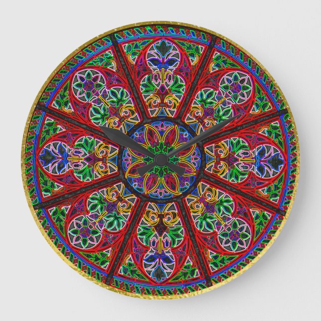 Cathedral Church Stained Glass Colourful Rosette Large Clock (Front)