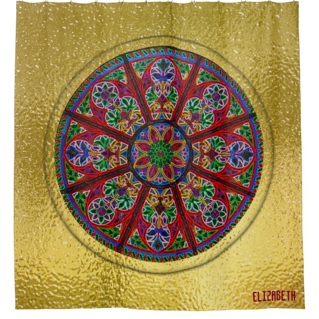 Cathedral Church Stained Glass Colourful Rosette Shower Curtain (Front)