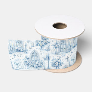 Cathedral Church Wedding Watercolor in Blue Satin Ribbon