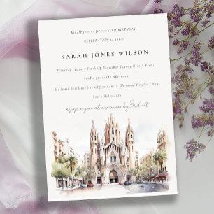 Cathedral of Barcelona Spain Watercolor Birthday Invitation