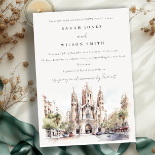 Cathedral of Barcelona Spain Watercolor Engagement Invitation