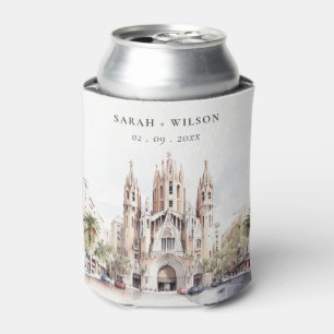 Cathedral of Barcelona Spain Watercolor Wedding Can Cooler