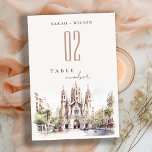 Cathedral of Barcelona Spain Watercolor Wedding Table Number<br><div class="desc">If you need any further customisation please feel free to email me on yellowfebstudio@gmail.com. or message via Zazzle.</div>