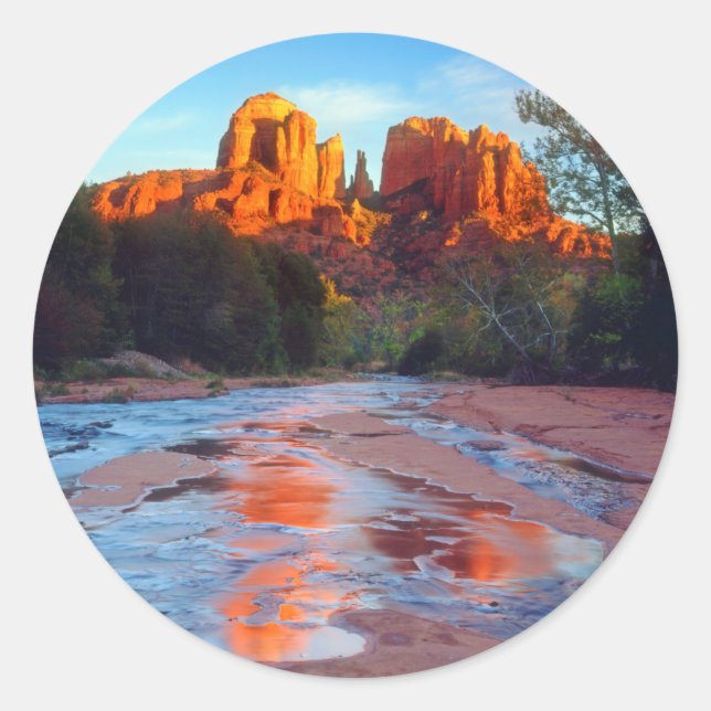 Cathedral Rock reflecting in Oak Creek at Sunset Classic Round Sticker (Front)