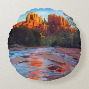 Cathedral Rock reflecting in Oak Creek at Sunset Round Cushion