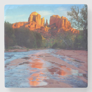 Cathedral Rock reflecting in Oak Creek at Sunset Stone Coaster