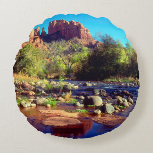 Cathedral Rock reflecting in Oak Creek Round Cushion