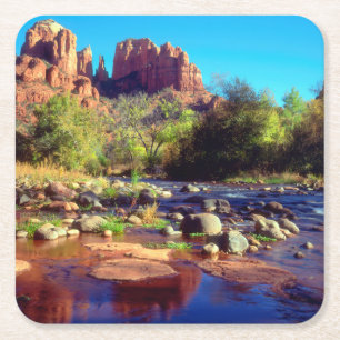Cathedral Rock reflecting in Oak Creek Square Paper Coaster