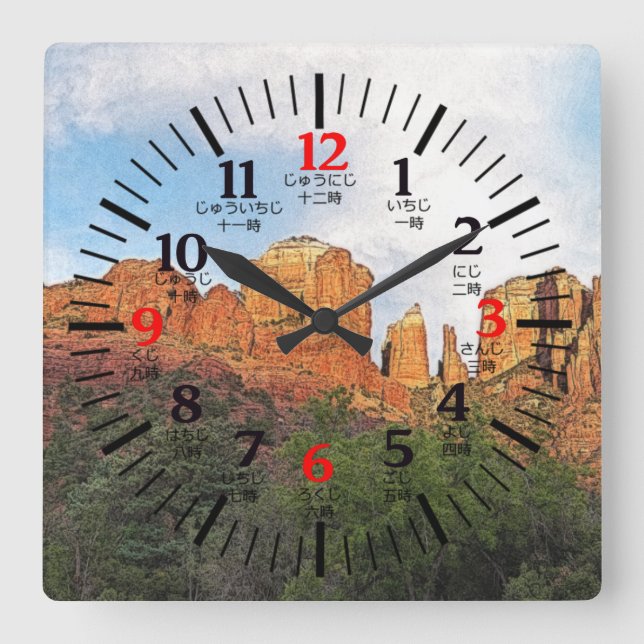 Cathedral Rock Sedona Arizona in Japanese/English Square Wall Clock (Front)