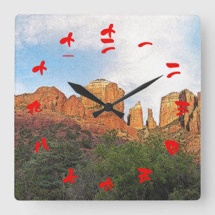 Cathedral Rock Sedona Arizona Red Chinese Numerals Square Wall Clock