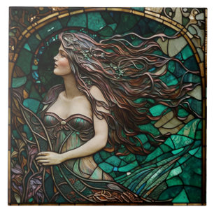 Cathedral Stained Glass Ceramic Tile with Mermaid