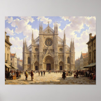 Cathedral Town Square Impressionist Oil Painting Poster