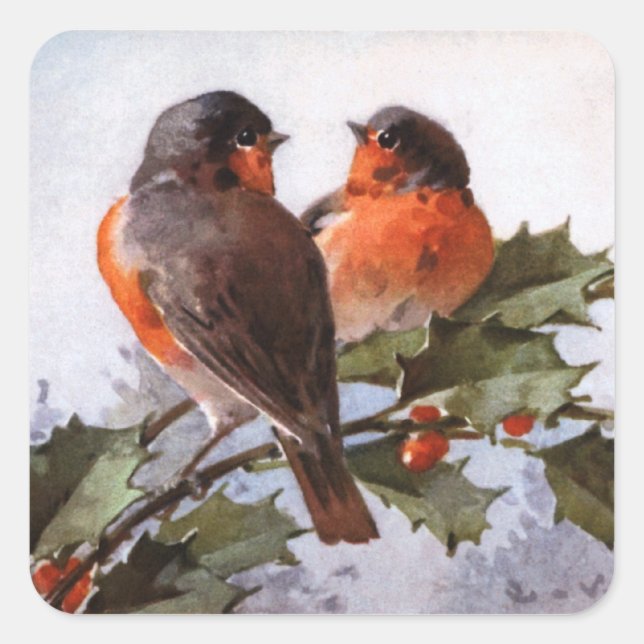 Catherine Klein: Robins on Holly Square Sticker (Front)