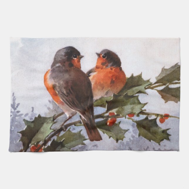 Catherine Klein: Robins on Holly Tea Towel (Horizontal)