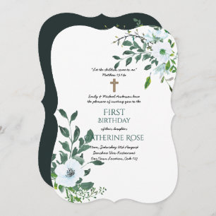 Catholic 1st Birthday Invitation Watercolor Floral