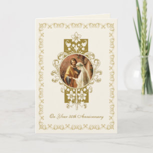 Catholic 50th Wedding Anniversary Gold Floral Card
