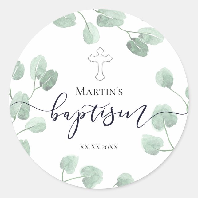 catholic baby baptism botanical decor classic round sticker (Front)