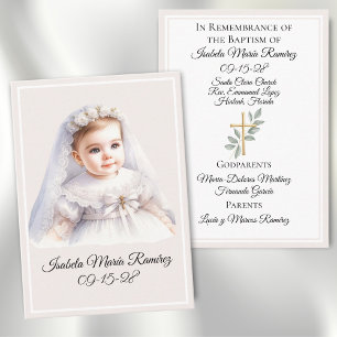 Catholic baptism baby girl beige remembrance card