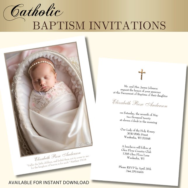 Catholic Baptism Baby Photo Scripture Cross Invitation (Traditional Catholic Baby Baptism Invitations with photo - Gold Crucifix and Scripture Verse)