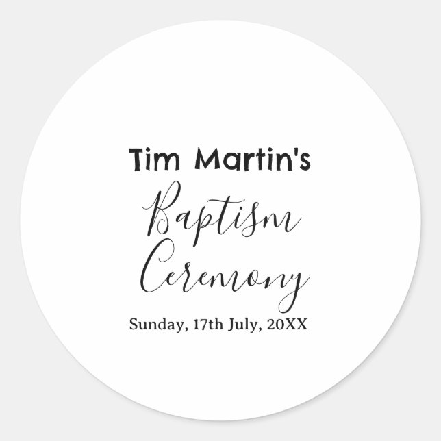 Catholic baptism ceremony name date simple minimal classic round sticker (Front)
