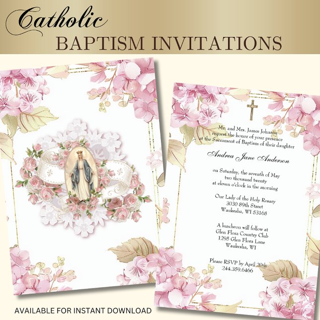 Catholic Baptism Christening Blessed Mary Floral Invitation (Creator Uploaded)