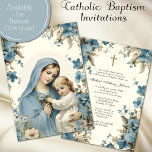 Catholic Baptism Christening Blessed Mother Jesus Invitation<br><div class="desc">Featuring a beautiful custom designed Baptism Christening invitation with blue flowers and the Blessed Mother holding Jesus in her arms.    All text and fonts may be modified.</div>