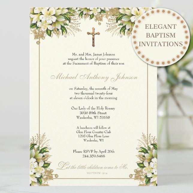 Catholic Baptism Christening Gold Floral Invitation (Creator Uploaded)